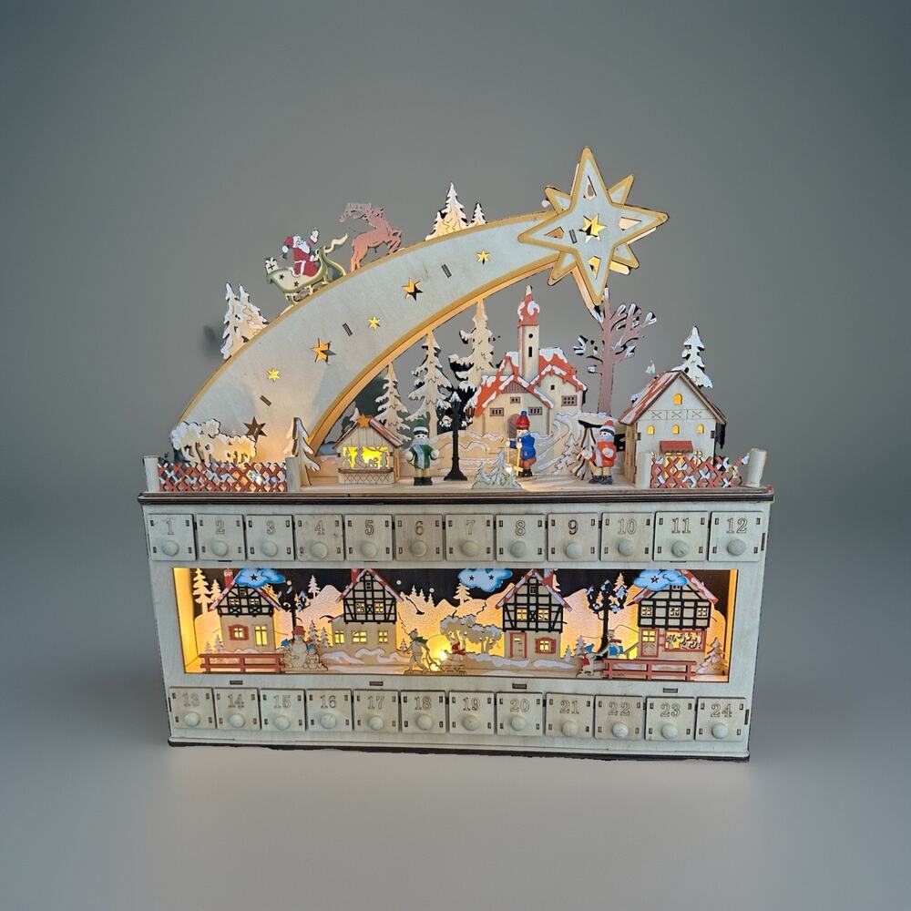 Light Up Christmas Advent Calendar, Wooden Decoration with 24 Countdown Drawers